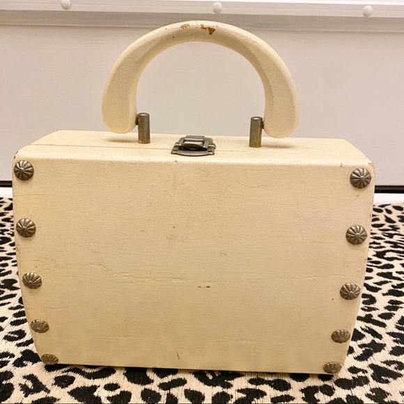VTG 50s • Portable Handheld Wooden Box Bag - Picture 3 of 14